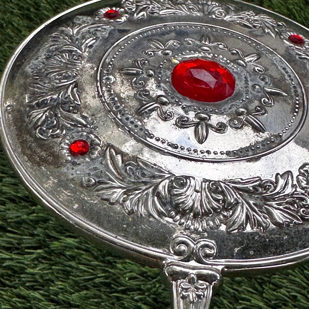 Godinger Silver Plated Hand Vanity Mirror w/ Red‎ Jewels Vintage Decor